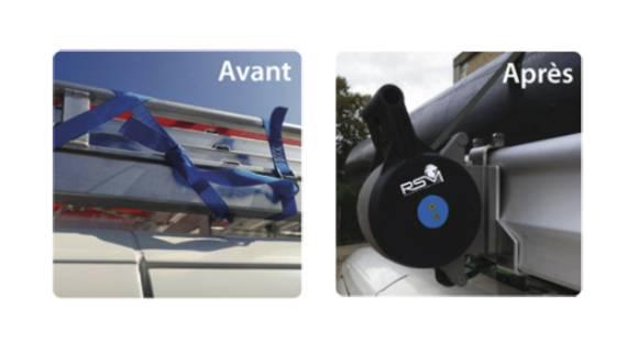 Boitier à sangle automatique pour la galerie de toit en aluminium pour les véhicules utilitaires des artisans. Équipement de galerie pour fourgon et pour fourgonnette des professionnels.