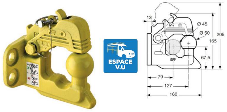 Crochet mixte d'attelage 4 trous pour véhicule 3.5T utillitaire. Crochet compatible avec la ferrure (platine) d'attelage des marhepieds en acier galvanisé pour les fourgons.