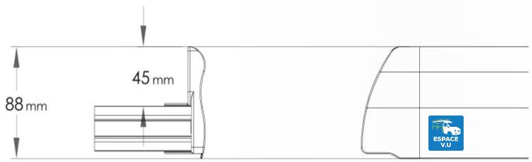 Dimensions de la galerie en aluminium anodisé et acier inoxydable avec un profilé latéral plein série 1 pour l'aménagement et l'équipement de véhicule utilitaire des artisans et fourgon et fourgonnettes des entreprises par Espace V.U Sarl.