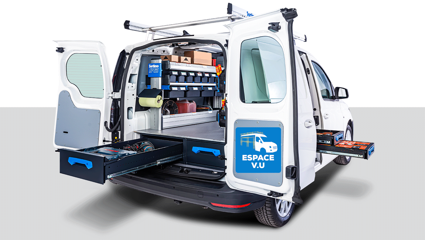 Double plancher pour véhicule utilitaire atelier, tiroir métallique pour l'arrière et pour le côté porte coulissante des camionnettes des artisans par Espace V.U Sarl.