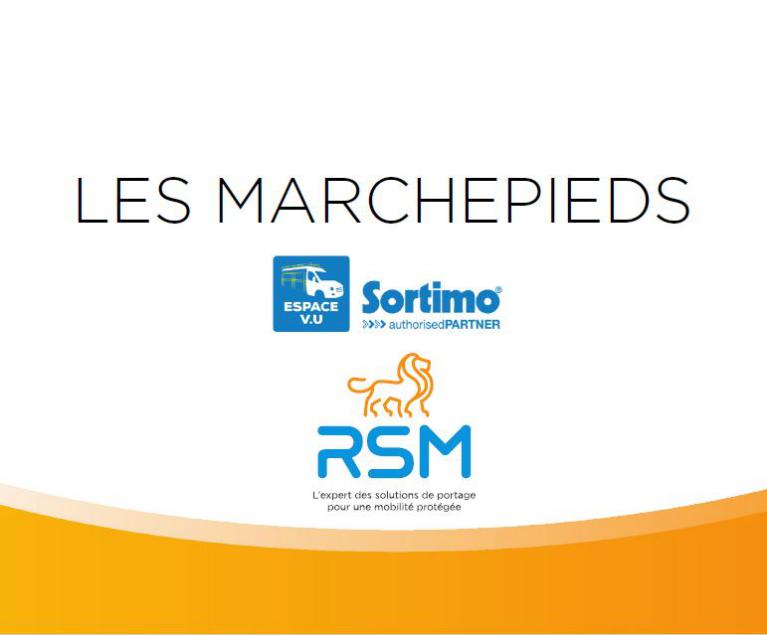 Catalogue de marchepieds pour véhicule utilitaire, solution d'accès pour l'équipement de fourgon et fourgonnette avec des marchepieds en acier galvanisé, fixe, rétractable, sur platine d'attelage, intallation à l'arrière ou la porte latérale par Espace V.U Sarl, station Sortimo by Gruau.